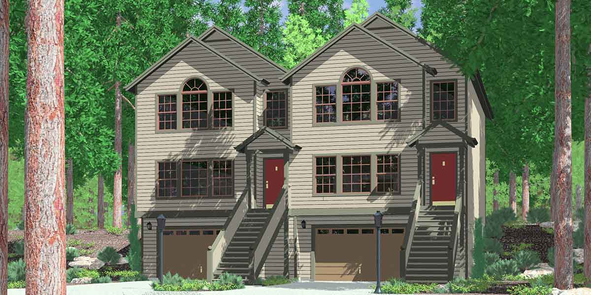 House front color elevation view for D-525 Row house plans with garage, duplex house plans, D-525