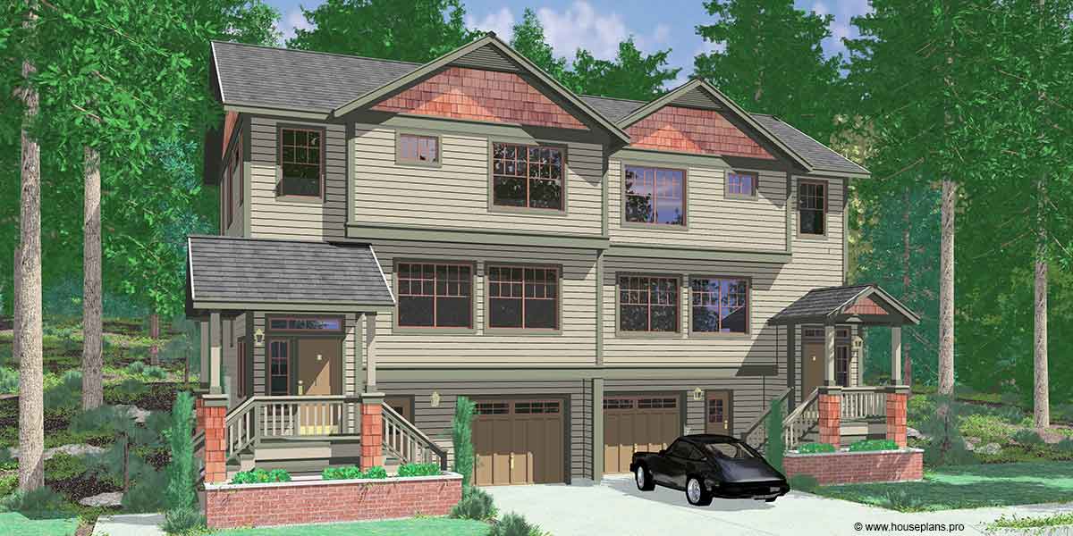 House front color elevation view for D-523 Craftsman duplex house plans, sloping lot duplex house plans, D-523