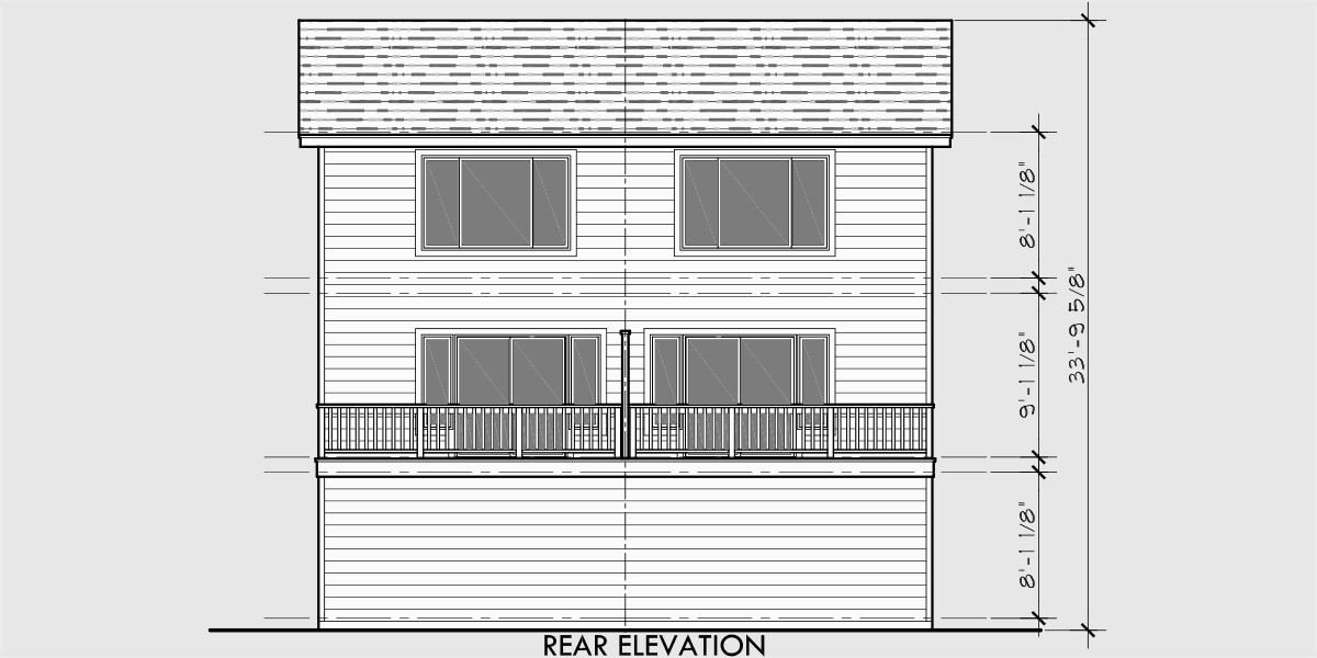 House front drawing elevation view for D-526 Duplex house plans, narrow lot townhouse plans, D-526