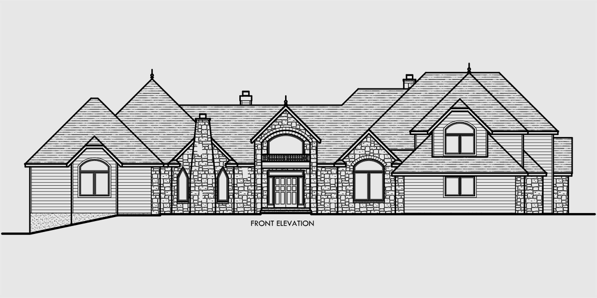 House front drawing elevation view for 10080 Luxury house plans, master on the main house plans, house plans with side garage, house plans with basement, house plans with loft, house plans with 4 car garage, 10080