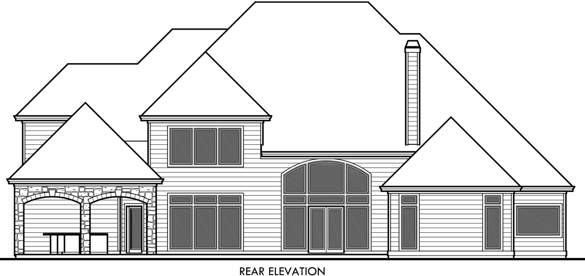House rear elevation view for 10090 luxurious house plans master on the main floor plans outdoor kitchen balcony bonus room large kitchen side load garage coffered ceiling