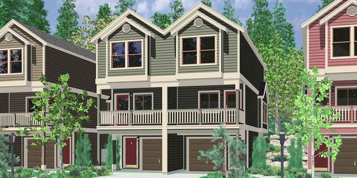 House front color elevation view for D-519 Narrow lot townhouse plans, duplex house plans, 3 level house plans, D-519