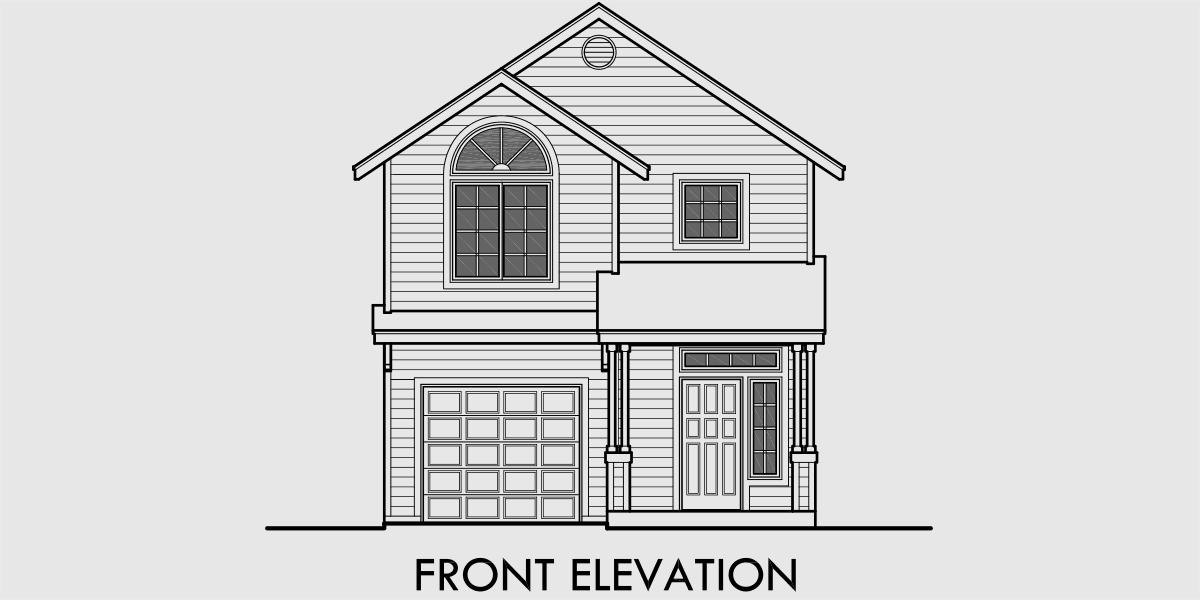 House front drawing elevation view for 9994 Narrow lot house plans, small lot house plans, 22 ft wide house plans, 3 bedroom house plans, 9994