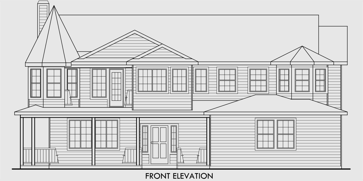House front drawing elevation view for 9891 Victorian House Plan, house turret, side load garage, wrap around porch, house plans with bonus room, 9891