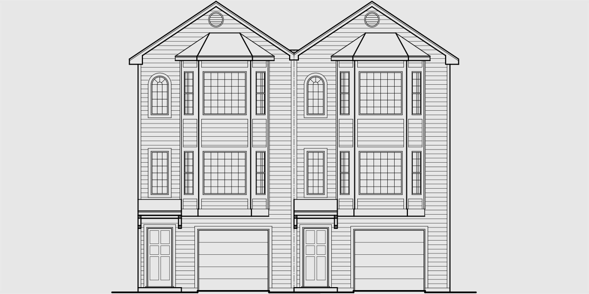 House front drawing elevation view for D-405 Duplex house plans, townhouse plans, 2 bedroom duplex plans, duplex with garage, D-405