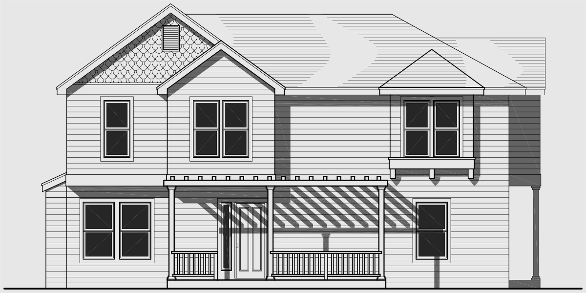 House front drawing elevation view for D-416 Duplex house plans, corner lot duplex house plans, D-416