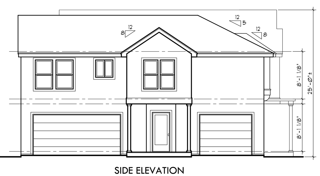 House side elevation view for D-416 Duplex house plans, corner lot duplex house plans, D-416