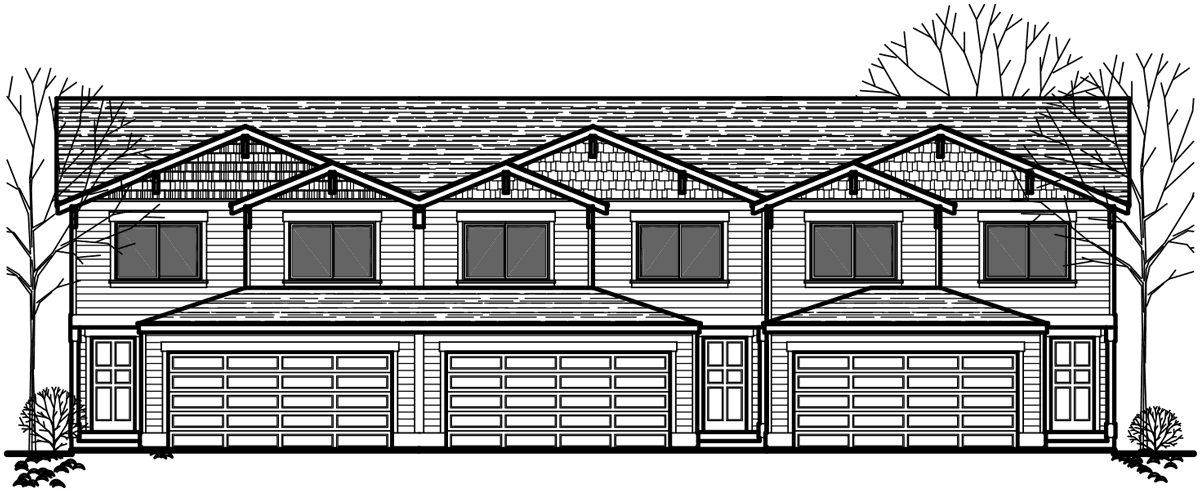 House front drawing elevation view for D-452 Triplex  house plans, triplex plans with garage, 25 ft wide house plans, D-452