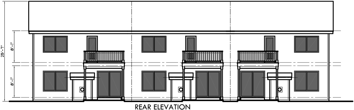 House side elevation view for D-452 Triplex  house plans, triplex plans with garage, 25 ft wide house plans, D-452