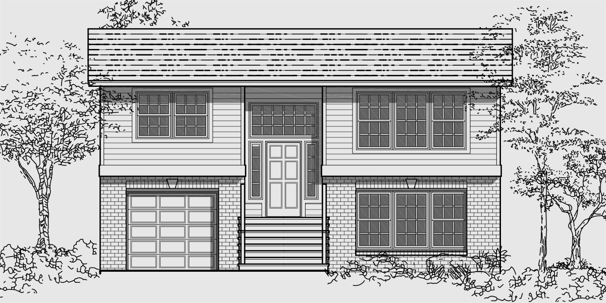 House front color elevation view for 9935 Split level house plans, small house plans, house plans with daylight basement, narrow house plans, 9935