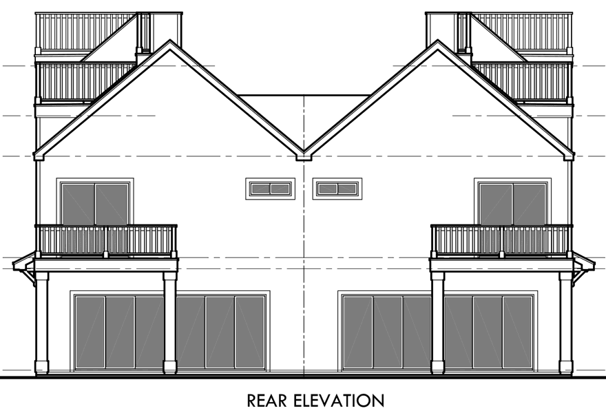 House front drawing elevation view for D-432 Mediterranean duplex house plans, beach duplex house plans, vacation house plans, duplex house plans with 2 car garage, water front house plans, D-432