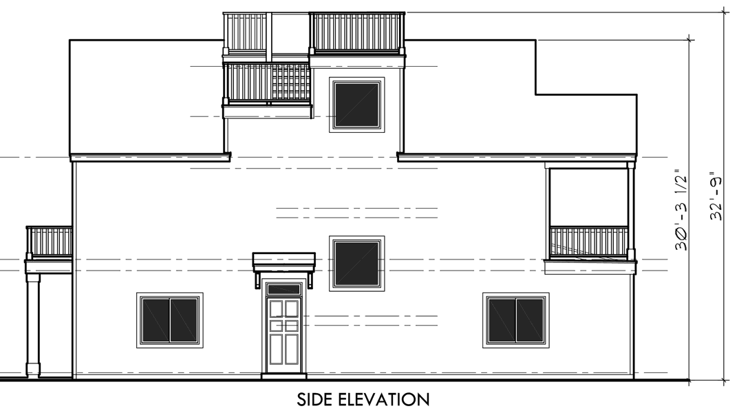 House side elevation view for D-432 Mediterranean duplex house plans, beach duplex house plans, vacation house plans, duplex house plans with 2 car garage, water front house plans, D-432