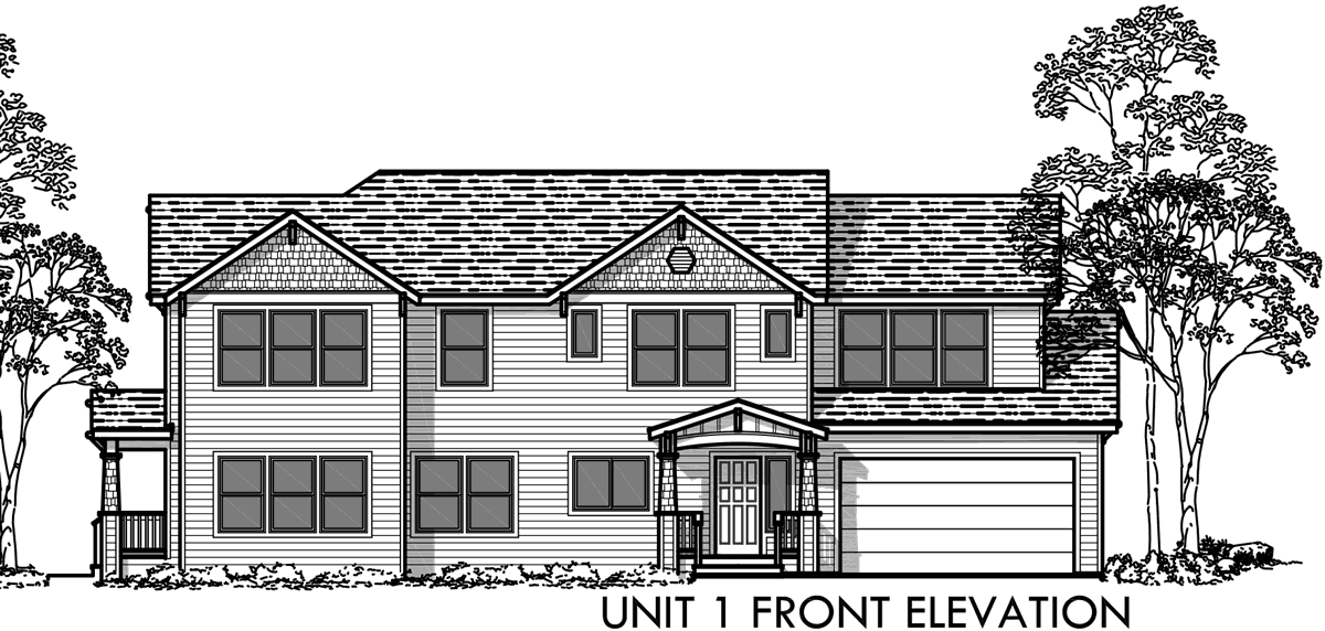 House front drawing elevation view for D-444 Corner lot house plans, duplex house plans, two master suite house plans