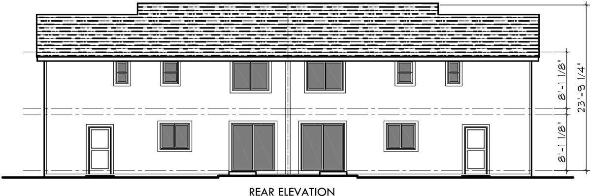 House front drawing elevation view for D-498 Duplex house plans, 3 bedroom duplex house plans, 2 story duplex house plans, D-498