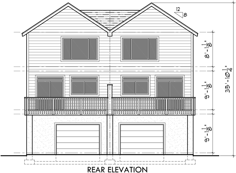 House side elevation view for D-522 Duplex House Plans, D-522, Sloping Lot Plans, View Deck, Duplex House Plans with Basement