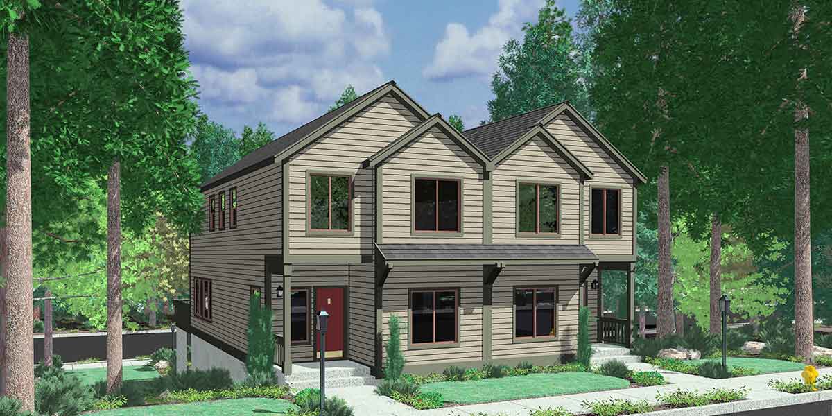 House front drawing elevation view for D-522 Duplex House Plans, D-522, Sloping Lot Plans, View Deck, Duplex House Plans with Basement