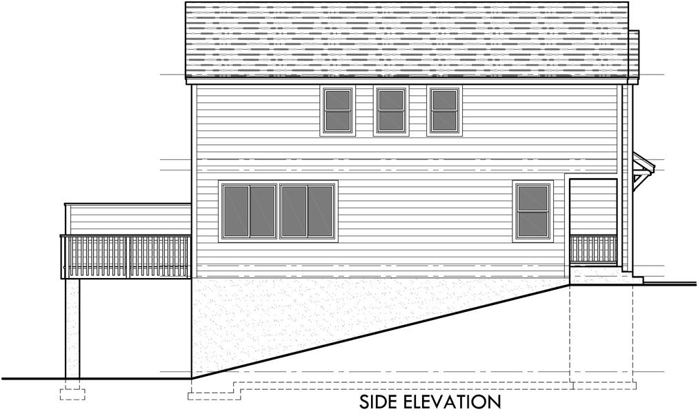 House rear elevation view for D-522 Duplex House Plans, D-522, Sloping Lot Plans, View Deck, Duplex House Plans with Basement