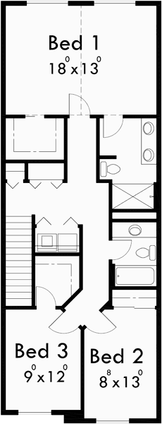Upper Floor Plan for SV-726-m 7 plex house plans, narrow row house plans, narrow townhouse plans, multi plex house plans, SV-726m
