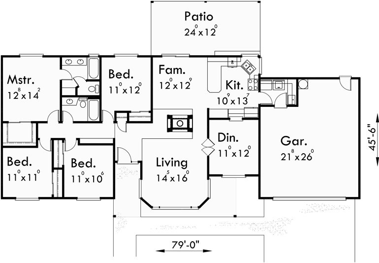 Single Level House Plans, Ranch House Plans, 4 Bedroom