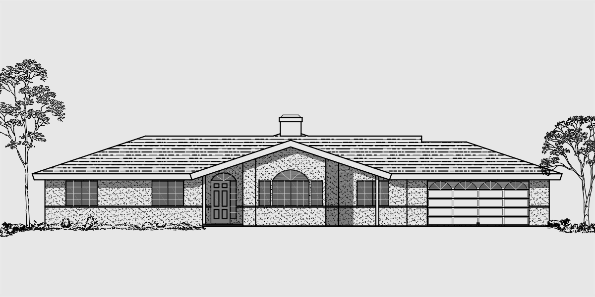 House front color elevation view for 10013wd Single level house plans, ranch house plans, 4 bedroom house plans, 10013