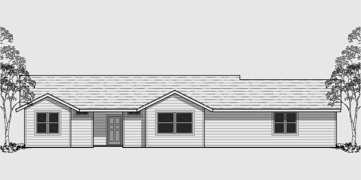 House front drawing elevation view for 10065 Single level house plans, corner lot house plans, side load garage house plans, 10065