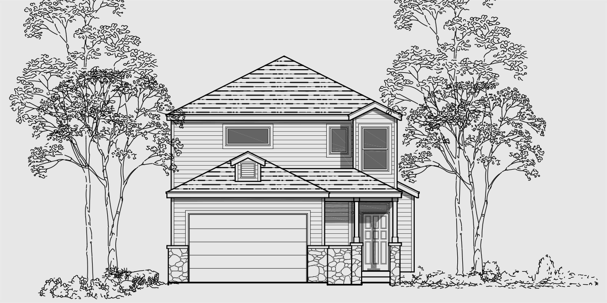 House front color elevation view for 9995 Narrow lot house plans, 3 bedroom house plans, two story house plans, 9995