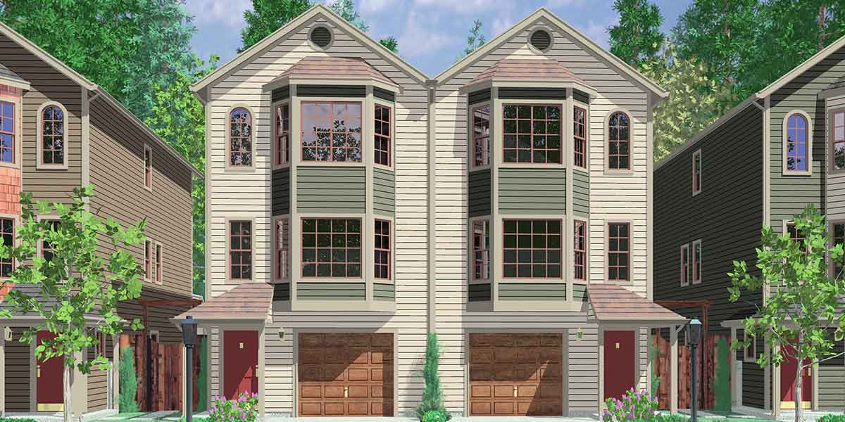 D-487 Narrow row house plans, duplex house plans, two master suite house plans, D-487