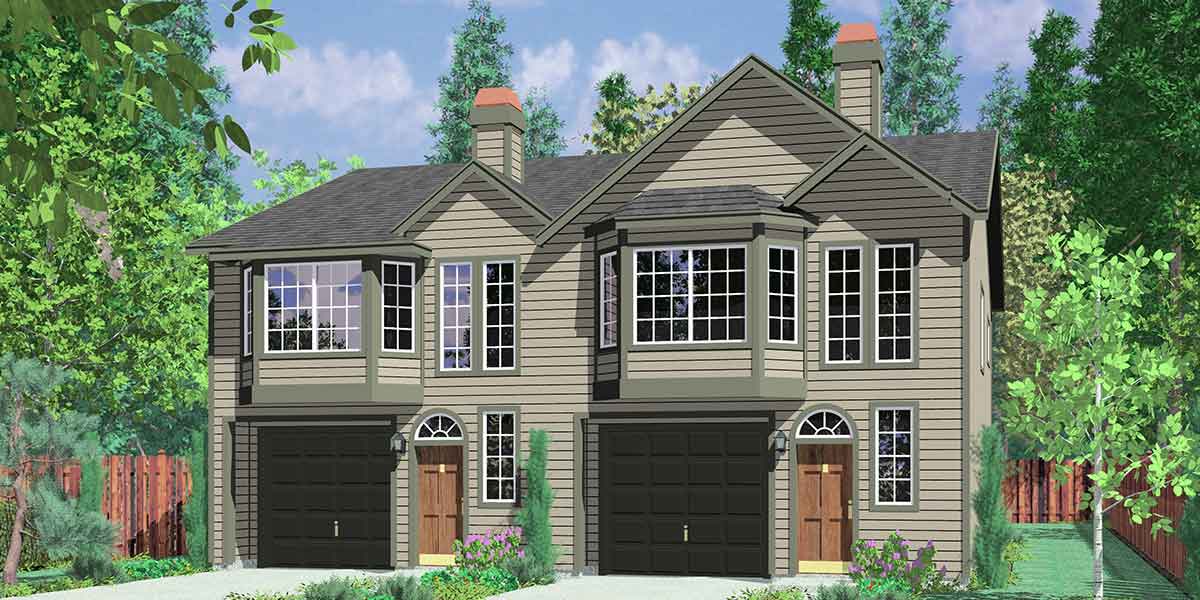 House front color elevation view for D-384 Duplex house plans, town house plans, reverse living house plans, D-384