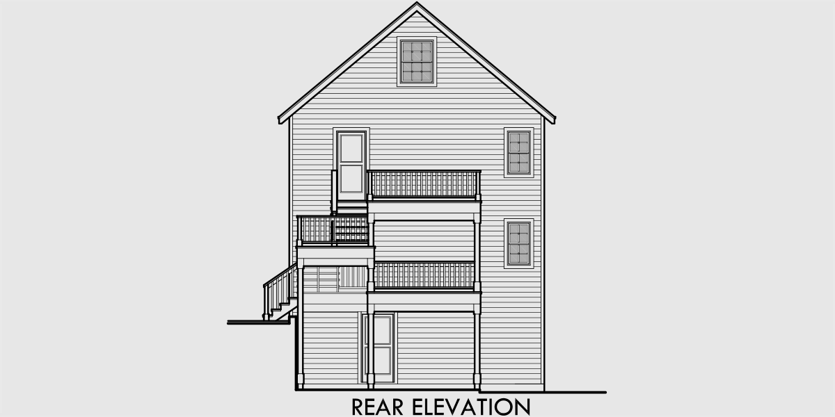 House rear elevation view for D-439 Stacked Duplex House Plans, duplex house plans with garage, narrow lot duplex plans, up and down duplex house plans, D-439