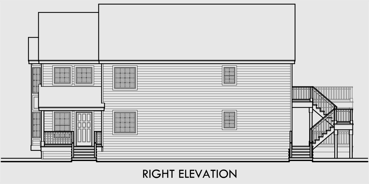 House rear elevation view for D-439 Stacked Duplex House Plans, duplex house plans with garage, narrow lot duplex plans, up and down duplex house plans, D-439