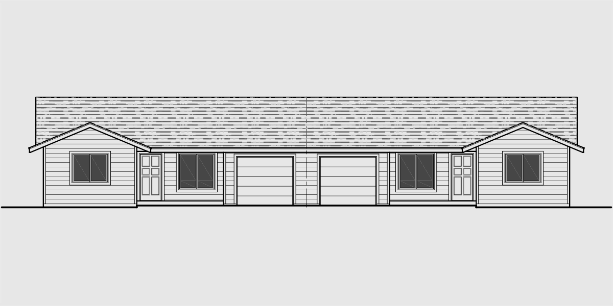 House front drawing elevation view for D-516 One story duplex house plans, 3 bedroom duplex plans, duplex plans with garage, D-516