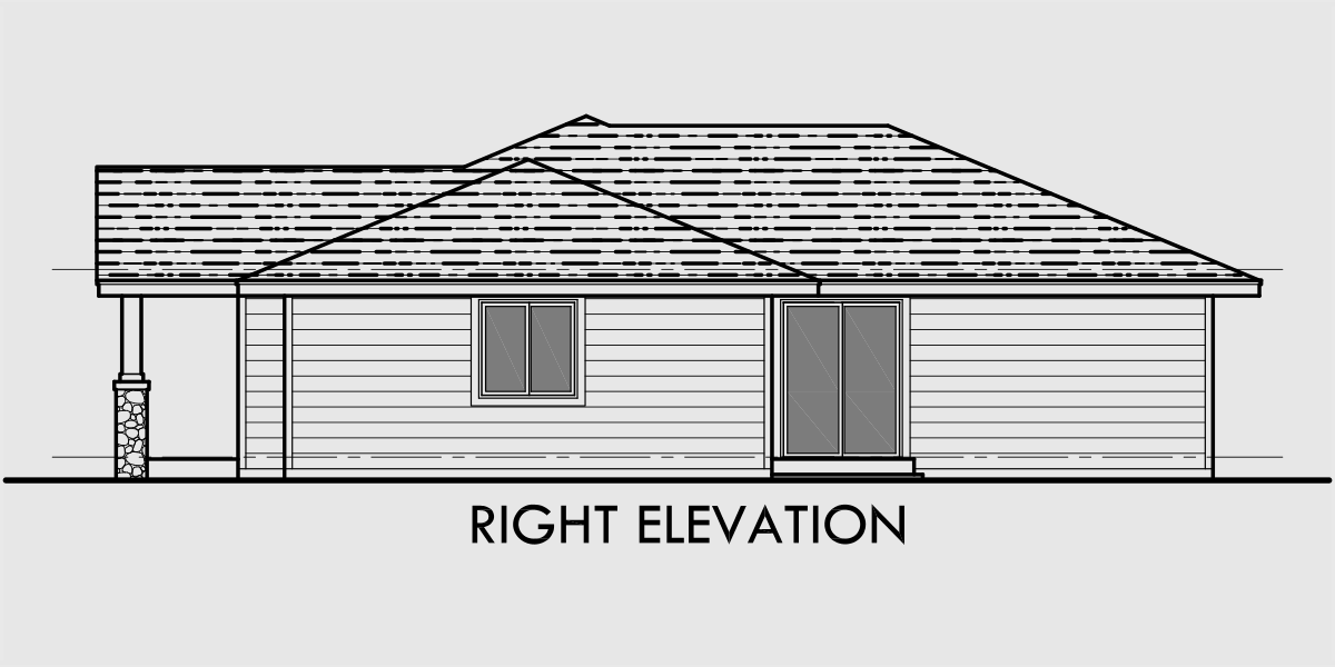 House side elevation view for D-497 Single story  duplex house plans, corner lot duplex house plans, duplex house plans with garage, corner lot duplex floor plans, D-497