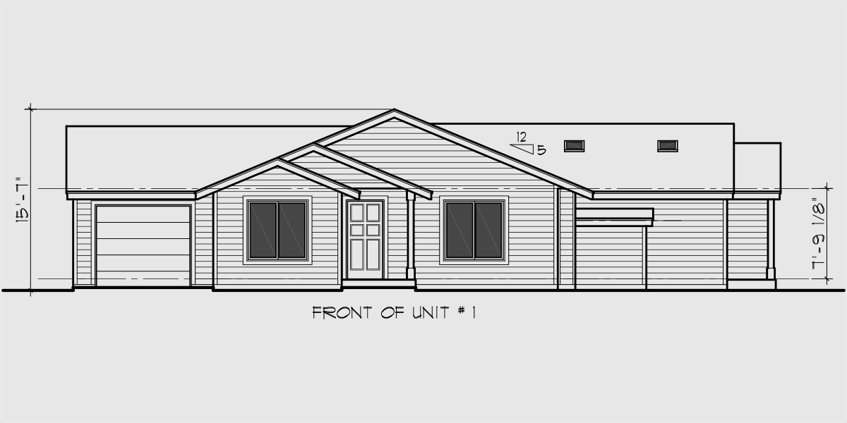 House front drawing elevation view for D-440 One Story Duplex House Plan for Corner Lot