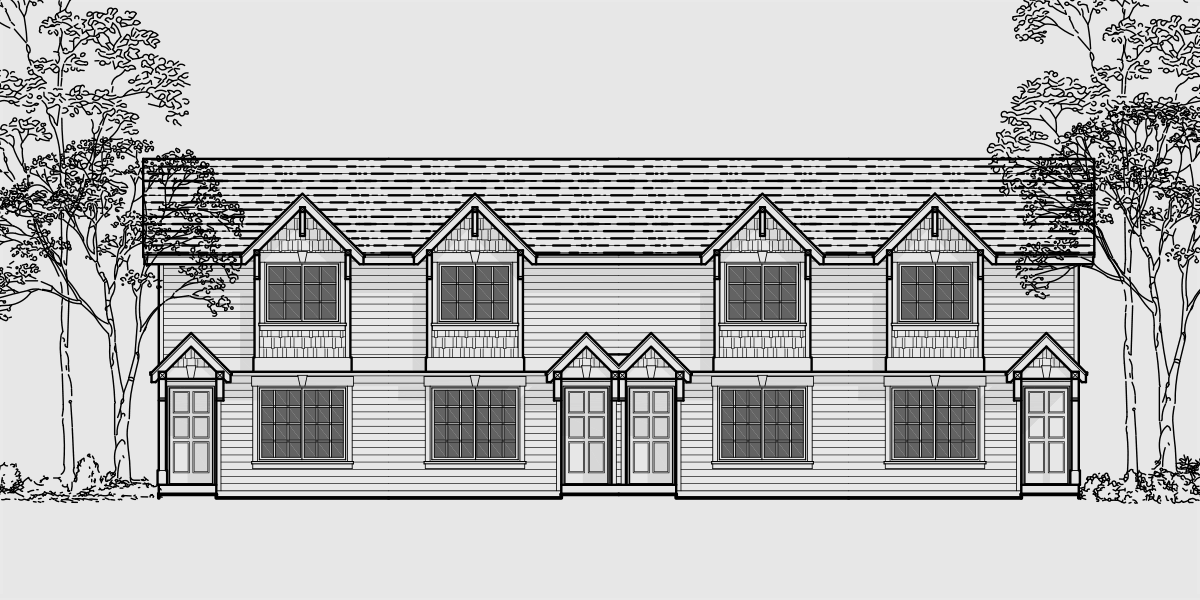 House front color elevation view for F-536 4 plex  plans, 2 story townhouse, 2 bedroom 4 plex plans, 16 ft wide house plans, F-536