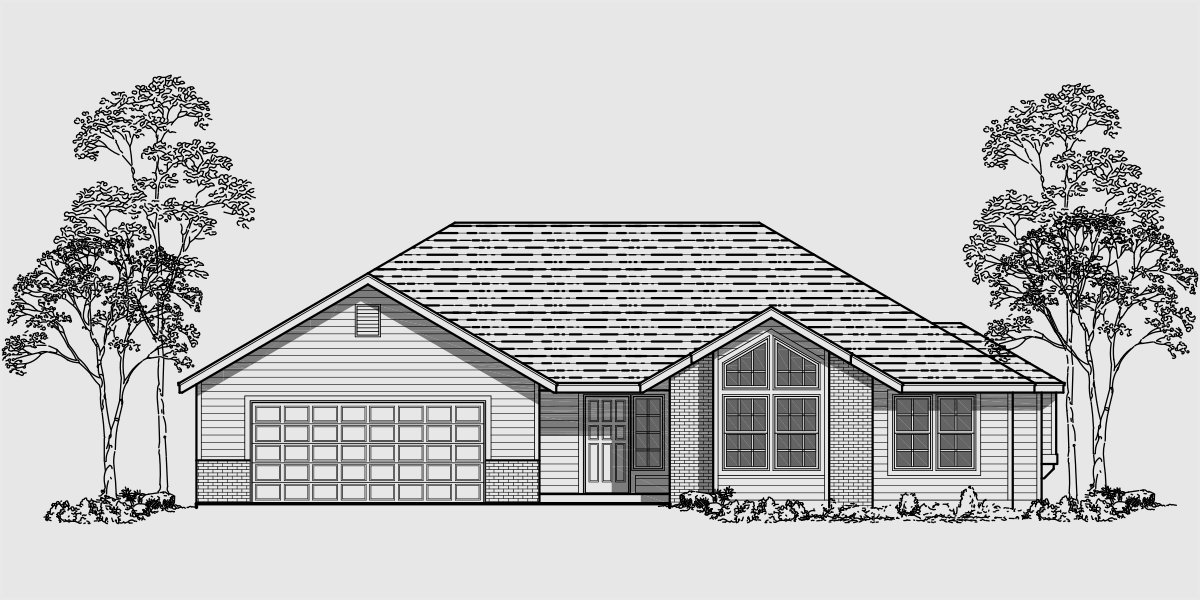 House front color elevation view for 9951 Single level house plans, 3 bedroom house plans, 9951
