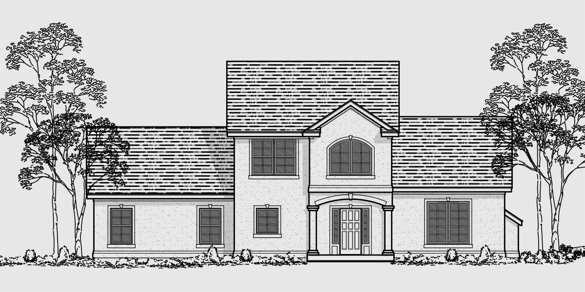 House side elevation view for 10019 two story house plans, 3 bedroom house plans, master on the main floor plans, side entry garage house plans, corner lot house plans, 10019b