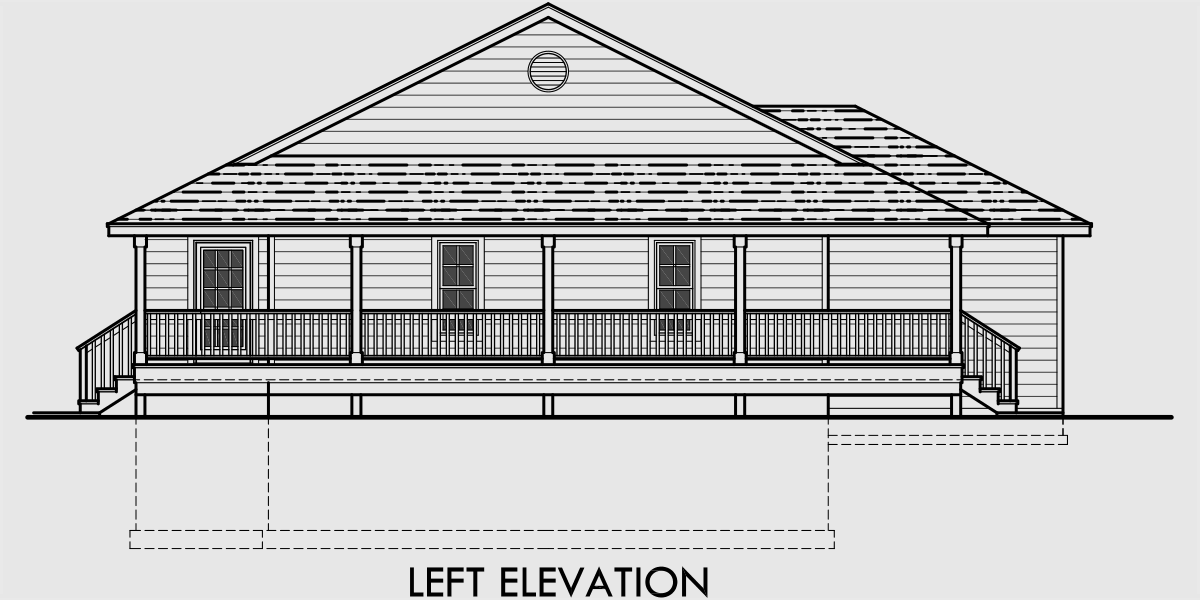 House side elevation view for 10027 One level house plans, house plans with basements, side load garage house plans, wrap around porch house plans, country house plans, 10027