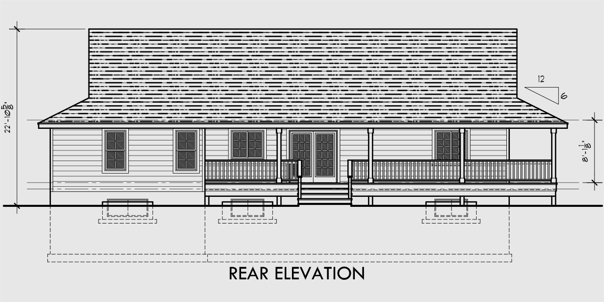 House front drawing elevation view for 10027 One level house plans, house plans with basements, side load garage house plans, wrap around porch house plans, country house plans, 10027