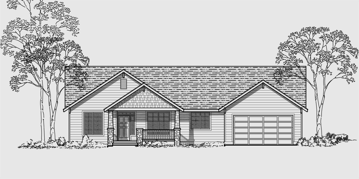 House front color elevation view for 10004 Single level house plans, ranch house plans, 3 bedroom house plans, private master suite, 10004