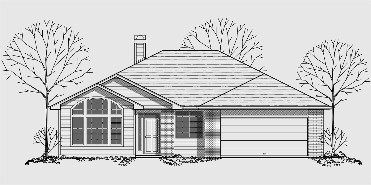 House front drawing elevation view for 9889 Single level house plans, ranch house plans, 3 bedroom house plans, one level house plans,  9889