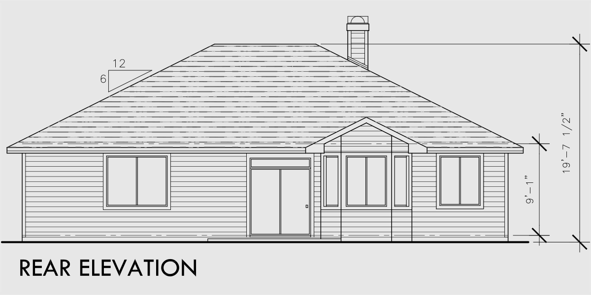 House side elevation view for 9889 Single level house plans, ranch house plans, 3 bedroom house plans, one level house plans,  9889