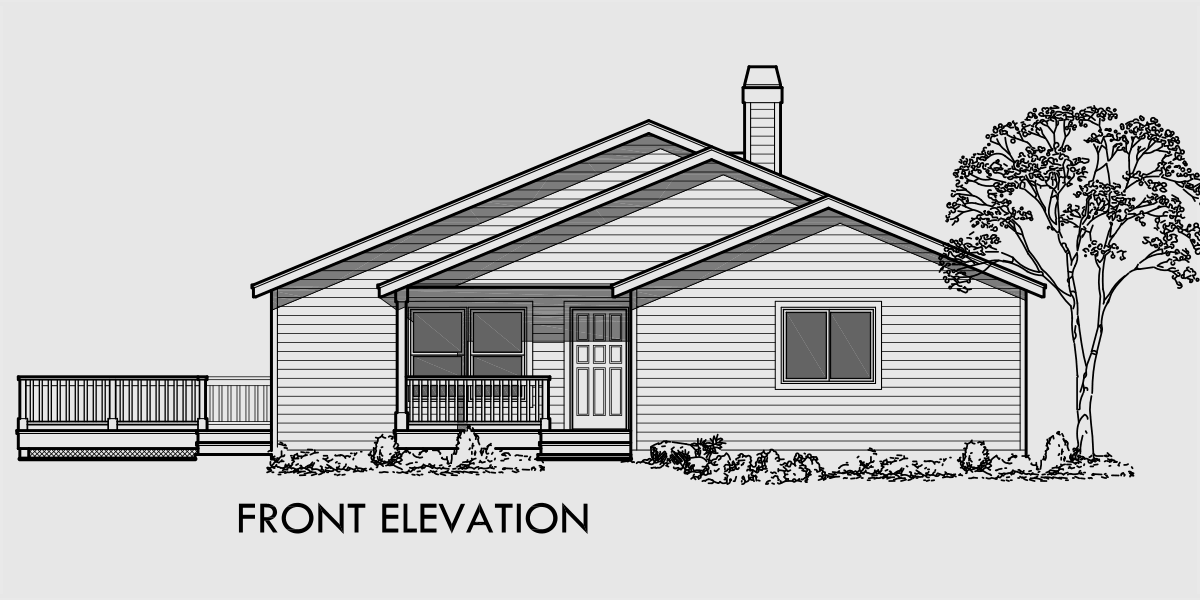 House front drawing elevation view for 9991 House plans with side garage, sloping lot house plans, house plans with basement, master on the main floor plans, 9991
