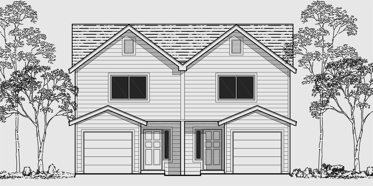 House front color elevation view for D-370 Two story duplex house plans, 2 bedroom duplex house plans, townhouse plans, small duplex house plans, D-370