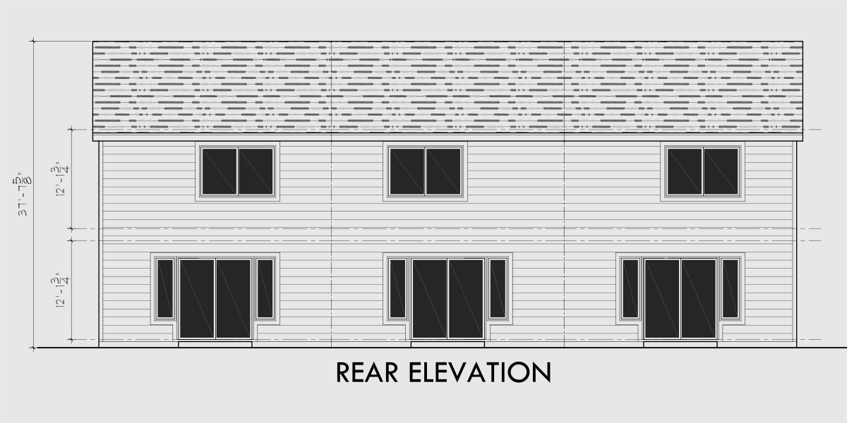 House front drawing elevation view for T-393 Triplex 2 Bedroom, 1 Car Garage, Great Room