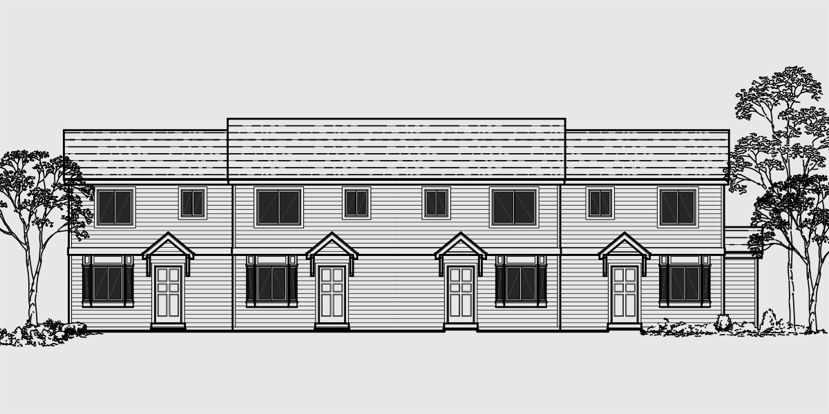 House front color elevation view for F-535 Fourplex house plans, 2 story townhouse, 2 and 3 bedroom 4 plex plans, F-535