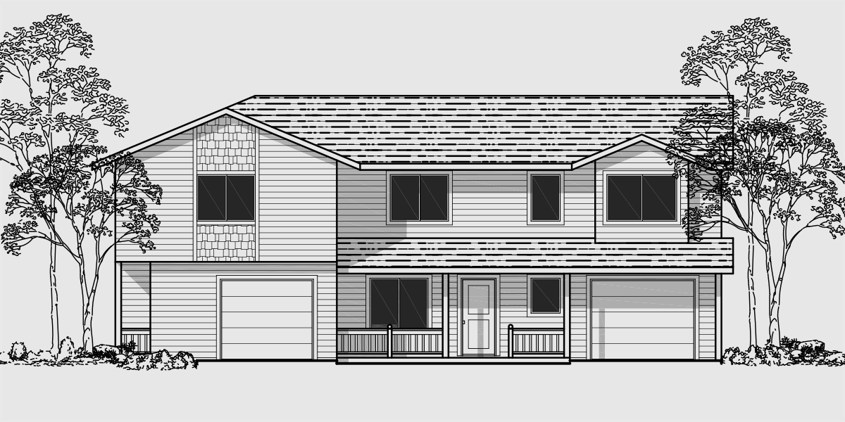 House front color elevation view for D-414 Corner lot duplex house plans, two story duplex plans, duplex plan with owners unit, D-414