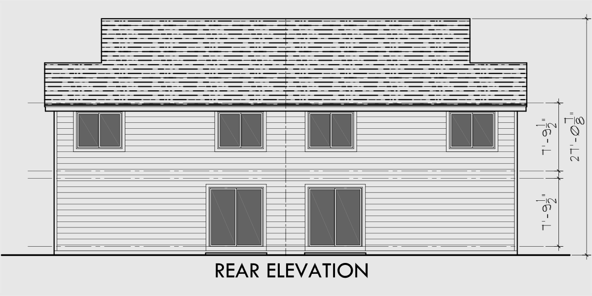 House front drawing elevation view for D-476 Duplex house plans, 3 bedroom duplex plans, two story duplex house plans, duplex plans with 2 car garage, D-476