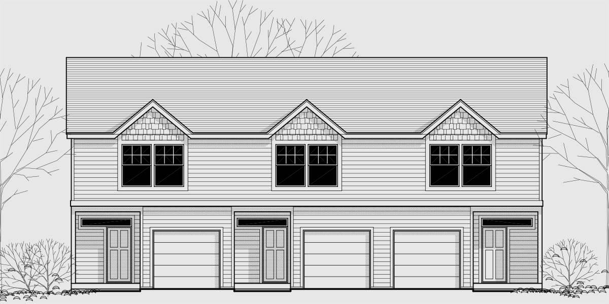 House front color elevation view for T-391 Triplex house plans, small townhouse plans, triplex house plans with garage, T-391