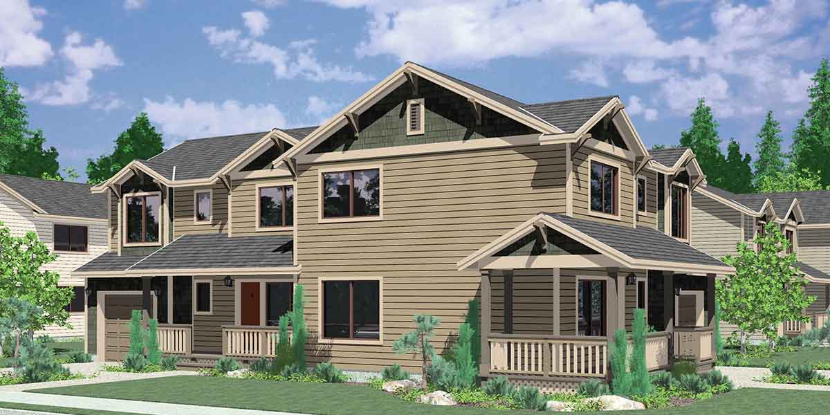 D-505 Corner lot duplex house plans, 3 bedroom duplex house plans, 2 story duplex house plans, D-505