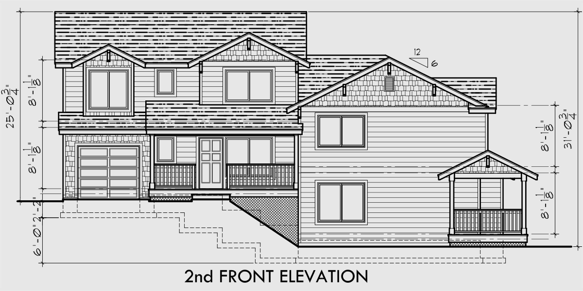 House front drawing elevation view for D-479 Corner lot duplex house plans, craftsman duplex house plans, duplex house plans for sloping lot, D-479
